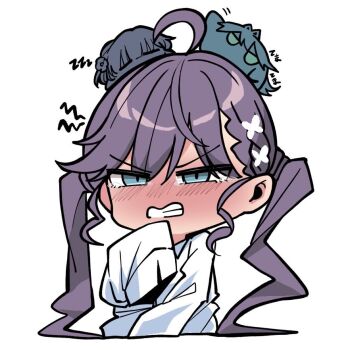 Rule 34 | 3girls, ahoge, blue eyes, blush, braid, chibi, clenched teeth, closed eyes, collared shirt, commentary request, dress shirt, gakuen idolmaster, hair between eyes, hair ornament, hataya misuzu, idolmaster, kawamochi (kawauti919), kaya rinha, long sleeves, mini person, minigirl, multiple girls, nose blush, on head, purple hair, shirt, simple background, sleeping, sleeves past fingers, sleeves past wrists, tears, teeth, translation request, tsukimura temari, twintails, v-shaped eyebrows, white background, white shirt, x hair ornament, zzz