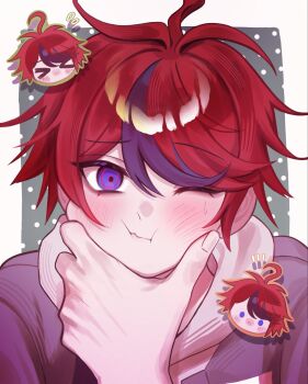 >_< 1boy ahoge black_streaks blue_eyes blush border bori_044 cheek_squash chibi chibi_inset commentary_request grey_background grey_jacket head_only highres hood hoodie jacket jacket_over_hoodie male_focus multicolored_hair no_mouth one_eye_closed outside_border pov pov_hands red_hair short_hair solo_focus streaked_hair sumino_takumi sweatdrop the_hundred_line_-last_defense_academy- two-tone_hair white_border white_hoodie