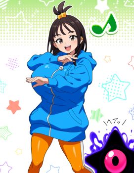 absurdres blue_hoodie breasts dark_nebula highres hitokiwa_kenchin hood hoodie huge_breasts kirby:_squeak_squad kirby_(series) lida_(pokemon) nintendo orange_leggings pokemon pokemon_legends:_z-a topknot two-tone_legwear
