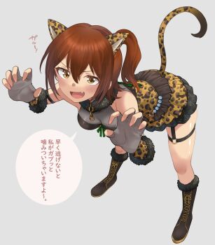 1girl animal_ears animal_print bent_over black_boots boots breasts brown_eyes brown_hair cat_ears cat_tail claw_pose commentary_request fang fingerless_gloves fingernails floral_print full_body gaogao_leopard_(idolmaster) gloves grey_background grey_gloves hanamasa_ono highres idolmaster idolmaster_million_live! idolmaster_million_live!_theater_days kasuga_mirai leopard_print long_hair o-ring o-ring_thigh_strap official_alternate_costume one_eye_closed open_mouth simple_background solo speech_bubble standing tail thigh_strap translation_request v-shaped_eyebrows