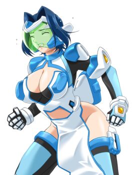 1girl armor blue_hair blue_thighhighs breasts cleavage cleavage_cutout clenched_hands clenched_teeth closed_eyes clothing_cutout face_shield game_cg gan-chan_(artist) hair_intakes head-mounted_display hishidou_aiko hitozuma_sentai_aisaiger large_breasts large_variant_set magical_girl mecha_musume no_panties non-web_source official_art pelvic_curtain saiger_iris short_hair solo teeth thighhighs transparent_background variant_set