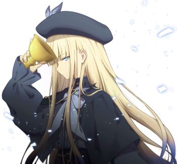 1boy aiguillette beret black_capelet black_hat blonde_hair blue_eyes blue_hair bow capelet fate/grand_order fate_(series) gradient_hair grey_shirt hat highres holy_grail_(fate) kreik_24 long_hair long_sleeves looking_at_viewer male_focus multicolored_hair noah_(fate) noah_(second_ascension)_(fate/grand_order) profile shirt solo upper_body white_background white_bow