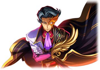 1boy ascot blue_hair closed_mouth code_geass code_geass:_lost_stories commentary_request cyborg dutch_angle f4samurai forehead game_cg gloves hand_on_own_chest hand_on_own_thigh hand_over_heart hand_up highres jacket jeremiah_gottwald looking_afar male_focus official_art open_clothes open_jacket orange_eyes pants purple_ascot purple_sleeves raglan_sleeves red_shirt shirt short_hair simple_background solo transparent_background v-shaped_eyebrows white_gloves white_jacket white_pants