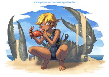 1girl anklet beach black_one-piece_swimsuit blonde_hair blue_eyes breasts commentary crab dark-skinned_female dark_skin english_commentary full_body jewelry maxa&#039; ocean one-piece_swimsuit original sand short_hair small_breasts solo spread_legs squatting swimsuit tild_-_mage_a_louer tild_framith watermark web_address