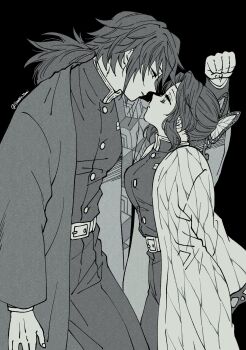 1boy 1girl animal_print belt black_background black_jacket black_pants breasts butterfly_hair_ornament butterfly_print couple demon_slayer_uniform greyscale hair_ornament haori hetero highres imminent_kiss jacket japanese_clothes kabedon kimetsu_no_yaiba kochou_shinobu looking_at_another low_ponytail medium_breasts monochrome pants parted_bangs ponytail print_haori seezly_tani sidelocks tomioka_giyuu twitter_username updo upper_body white_belt