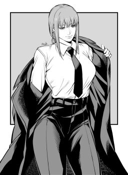 1girl black_coat black_necktie black_pants braid braided_ponytail chainsaw_man coat collared_shirt commentary_request greyscale highres kei_dragonsheaven looking_down low_ponytail makima_(chainsaw_man) monochrome necktie pants ponytail shirt shirt_tucked_in simple_background solo undressing white_shirt