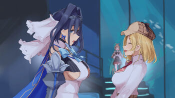 3girls :d ^_^ aquarium black_shirt blonde_hair blue_bow blue_bowtie blue_hair blurry blurry_background bow bowtie breasts brown_capelet brown_hair brown_hat brown_skirt capelet cleavage_cutout closed_eyes clothing_cutout collared_shirt commentary crop_top cropped_shirt dark_blue_hair deerstalker detached_sleeves dress_shirt english_commentary hair_intakes hat highres hito_(maruhito) hololive hololive_english hood hooded_capelet indoors juliet_sleeves large_breasts long_hair long_sleeves multiple_girls nanashi_mumei nanashi_mumei_(1st_costume) necktie open_mouth ouro_kronii ouro_kronii_(1st_costume) pinstripe_pattern pinstripe_shirt plaid_clothes plaid_skirt pleated_skirt profile puffy_sleeves red_necktie sailor_collar shirt short_necktie skirt sleeveless sleeveless_shirt smile underboob virtual_youtuber watson_amelia watson_amelia_(1st_costume) white_sailor_collar white_shirt