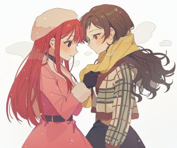 2girls absurdres adjusting_another&#039;s_clothes black_gloves blush brown_eyes brown_hair closed_mouth coat face-to-face from_side gloves grin hano9789 highres idolmaster idolmaster_million_live! jacket kitazawa_shiho long_hair multiple_girls pink_coat plaid_clothes plaid_jacket profile red_eyes red_hair scarf simple_background smile standing tanaka_kotoha white_background yellow_scarf yuri