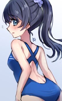 Rule 34 | 1girl, back, backless swimsuit, bare shoulders, blue background, blue eyes, blue hair, blue one-piece swimsuit, blush, commentary request, competition swimsuit, cowboy shot, from behind, hair ornament, hair scrunchie, high ponytail, highres, kyaku tasu, link! like! love live!, looking at viewer, looking back, love live!, mole, mole on neck, murano sayaka, murano sayaka (swimsuit), one-piece swimsuit, open mouth, ponytail, purple scrunchie, scrunchie, solo, swimsuit, virtual youtuber