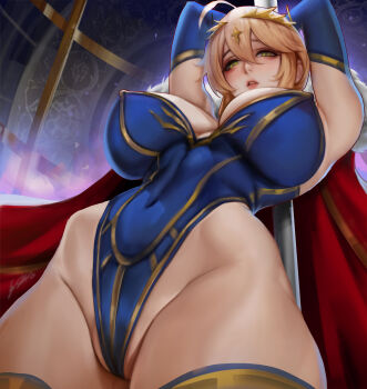 1girl absurdres arms_up artoria_pendragon_(fate) artoria_pendragon_(lancer)_(fate) blonde_hair cape commentary cowboy_shot elbow_gloves fate/grand_order fate_(series) from_below gloves highleg highleg_leotard highres leotard looking_down pole sherylnome solo stripper_pole
