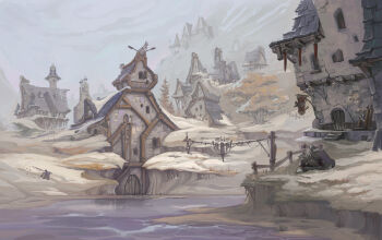 1other ambiguous_gender building commentary dark_skin day dragon emilie_vaccarini english_commentary english_text fishing_rod footprints highres hill holding holding_fishing_rod house outdoors river scenery sign sleeping_animal snow town tree very_wide_shot water winter