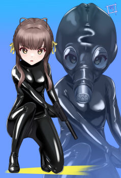 1girl alternate_costume alternate_weapon black_bodysuit bodysuit braid breasts brown_eyes brown_hair gas_mask gun handgun highres holding holding_gun holding_weapon kantai_collection kneeling latex latex_bodysuit mask short_hair short_hair_with_long_locks side_braids skin_tight small_breasts suppressor ukuru_(kancolle) wata_nuki weapon