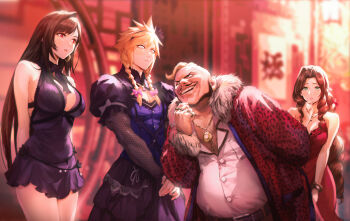 2boys 2girls absurdres aerith_gainsborough aerith_gainsborough_(red_dress) artist_name bare_shoulders black_hair blonde_hair blue_dress blush breasts brown_hair cloud_strife cloud_strife_(blue_dress) crescent crescent_earrings crossdressing don_corneo dress earrings facial_hair fat fat_man final_fantasy final_fantasy_vii final_fantasy_vii_remake flamenco_dress green_eyes highres jewelry large_breasts long_hair mohawk multiple_boys multiple_girls muscular muscular_male mustache official_alternate_costume purple_dress red_dress red_eyes sleeveless sleeveless_dress smile spiked_hair spykeee tifa_lockhart tifa_lockhart_(refined_dress)