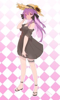 Rule 34 | 1girl, absurdres, artist name, bare shoulders, black dress, black ribbon, breasts, cleavage, dated, dress, flower, full body, hair ribbon, hat, highres, indie virtual youtuber, large hat, long hair, looking at viewer, otsuka ray, purple eyes, purple hair, ribbon, sleeveless, sleeveless dress, snnaol, solo, standing, straw hat, sunflower, thigh strap, virtual youtuber