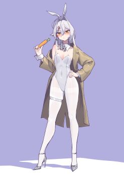 1girl absurdres ahoge animal_ears bare_shoulders blush bow bowtie breasts brown_coat carrot coat collar covered_navel d'orsay_heels hair_ribbon high_heels highres hip_bones holding holding_carrot leotard long_hair looking_at_viewer nose_blush original pantyhose playboy_bunny rabbit_ears ribbon shoes simple_background small_breasts standing stank strappy_heels thigh_strap thighband_pantyhose very_long_hair white_bow white_bowtie white_collar white_hair white_leotard white_pantyhose white_shoes white_wrist_cuffs wrist_cuffs yellow_eyes