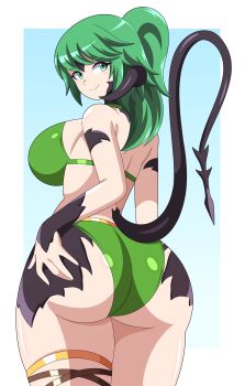 1girl absurdres abysswatchers ass au_ra au_raimdelle_(deeakronm) bare_shoulders bikini black_scales breasts commission dragon_horns dragon_tail final_fantasy final_fantasy_xiv from_behind green_bikini green_eyes green_hair hand_on_own_hip highres horns huge_ass large_breasts looking_back original ponytail scales simple_background smile smug solo standing swimsuit tail thick_thighs thigh_strap thighs warrior_of_light_(ff14)