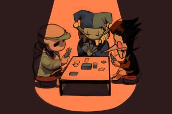 +_+ 3boys black_hair black_shirt black_shorts blue_jacket card chair cigarette commentary deltarune english_commentary hat heterochromatic_eyewear highres holding holding_card jacket jester_cap jevil minominoks multiple_boys neck_ruff on_chair pants playing_card pointy_ears pointy_nose sans_(undertale) shirt shorts sitting skeleton smoke smoke_trail smoking spamton_g._spamton spotlight table teeth tinted_eyewear utdr_(toby_fox) white_pants