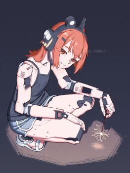 1girl adachi_rei alternate_costume android black_shirt fireworks full_body grey_shorts headset highres holding holding_fireworks joints kanbaru_mitsuki looking_at_viewer orange_eyes orange_hair robot_joints sandals senkou_hanabi shirt short_shorts shorts sleeveless sleeveless_shirt solo spaghetti_strap sparkler squatting utau