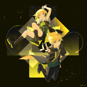 1boy 1girl :o abstract_background absurdres black_background black_pants black_shoes blonde_hair blue_eyes cable controller d-pad famicom_gamepad gradient_background green_shirt highres irple kagamine_len kagamine_rin necktie pants remote_control remote_control_(vocaloid) shirt shoes signature smile socks