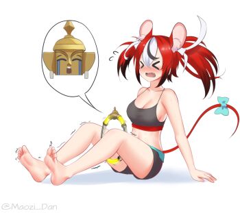 >_< 1girl alternate_costume animal_ear_fluff animal_ears aqua_bow arm_support bare_legs barefoot black_hair bow breasts cleavage closed_eyes collarbone crop_top exercising fang feet full_body gradient_hair grey_shorts hair_ribbon hakos_baelz highres hololive hololive_english knees_up leaning_back legs maozi_dan medium_breasts meme midriff mouse_ears mouse_girl mouse_tail multicolored_hair open_mouth red_hair ribbon ring_fit_adventure short_shorts shorts sideboob simple_background sitting soles solo sports_bra tail tank_top teeth toes trembling twitter_username uohhhhhhhhh!_(meme) virtual_youtuber white_background