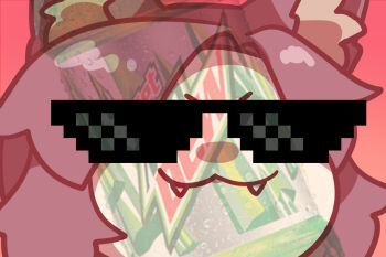 1girl :3 brown_hair closed_mouth commentary_request deal_with_it_(meme) fangs fangs_out guuchama imaizumi_kagerou long_hair meme mountain_dew pink_background smile solo sunglasses touhou wolf_girl