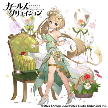 1girl balloon bare_shoulders blonde_hair breasts chair cleavage closed_mouth commentary_request copyright_logo copyright_name copyright_notice dress flower from_side full_body girls_creation green_dress green_sash hair_flower hair_ornament high_heels highres jewelry large_breasts logo long_hair looking_at_viewer manet_(girls_creation) nauribon necklace official_art open_hand purple_eyes red_flower sash shirt side_ponytail side_slit simple_background smile solo spread_fingers standing strapless strapless_dress thighs very_long_hair white_background white_flower white_shirt