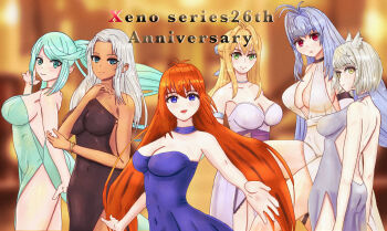 6+girls alternate_costume anniversary bandai_namco bare_legs blonde_hair blue_eyes blue_hair bracelet breasts cat_girl choker cleavage commentary dress elhaym_van_houten elma_(xenoblade_x) english_commentary english_text fiora_(xenoblade) fynn2483 green_eyes hand_up highres jewelry kos-mos long_hair looking_at_another looking_at_viewer mixed-language_commentary monolith_soft multiple_girls nia_(xenoblade) nintendo open_mouth orange_hair pneuma_(xenoblade) ponytail reaching reaching_towards_viewer red_eyes short_hair smile square_enix white_hair xeno_(series) xenoblade_chronicles_(series) xenoblade_chronicles_1 xenoblade_chronicles_2 xenoblade_chronicles_x xenogears xenosaga yellow_eyes