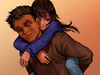Rule 34 | 1boy, 1girl, as109, brown hair, carrying, long hair, piggyback, short hair, shoujo to ura roji