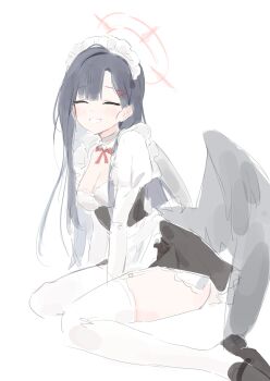 1girl :d absurdres alternate_costume apron bell black_dress black_hair black_shoes black_wings blue_archive blush breasts cleavage closed_eyes dress enmaided facing_viewer garter_straps grin halo highres ichika_(blue_archive) juliet_sleeves long_hair long_sleeves maid maid_headdress medium_breasts neck_bell neck_ribbon open_mouth parted_lips puffy_sleeves rang_go red_ribbon ribbon shoes simple_background sitting sketch smile solo thighhighs waist_apron wariza white_apron white_background white_thighhighs wings