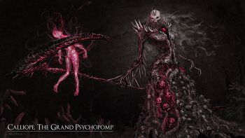 artist_name baloolax cosplay crossover crown dark_souls_(series) dark_souls_ii death_(entity) english_text grim_reaper highres holding holding_scythe holding_weapon hololive hololive_english mori_calliope nashandra nashandra_(cosplay) scythe skeleton skull spikes virtual_youtuber weapon