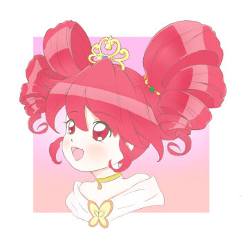 1girl :d ahoge bare_shoulders blush border brooch butterfly_brooch chinese_commentary choker commentary cropped_head dress drill_hair fine_(futagohime) fine_(grand_universal_princess)_(futagohime) fushigiboshi_no_futago_hime fushigiboshi_no_futago_hime_gyu gold_choker gold_tiara gradient_background hair_between_eyes hair_ornament hime_lolita jewelry lolita_fashion long_hair looking_up magical_girl off-shoulder_dress off_shoulder open_mouth pink_background pink_theme red_eyes red_hair smile solo star_(symbol) star_hair_ornament tiara twin_drills white_border windspirit