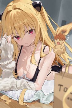 1girl 3: absurdres adapted_costume animalization ass bikini black_bikini blonde_hair blurry blush breasts breasts_apart brown_hair chinese_commentary closed_mouth collarbone commentary depth_of_field eyes_visible_through_hair film_grain flying_sweatdrops frown hair_between_eyes hair_intakes hair_over_shoulder hair_spread_out hand_up highres indoors kivara konjiki_no_yami long_hair looking_at_animal lying medium_breasts mouse_(animal) o_o on_stomach pillow prehensile_hair red_eyes short_hair sidelighting sidelocks skindentation solo spiked_hair star_(symbol) sweat swimsuit to_love-ru to_love-ru_darkness two_side_up v-shaped_eyebrows very_long_hair yuuki_rito