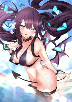 1girl bikini_top bottomless covering_privates garters highres kazanock swimsuit tagme tail tattoo wardrobe_malfunction wet wings
