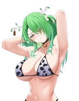 1girl animal_print antlers armpits bikini black_bikini blush breasts ceres_fauna cow_print cow_print_bikini cowboy_shot green_hair highres hololive hololive_english horns large_breasts long_hair mole mole_under_eye multicolored_bikini print_bikini si_farid simple_background solo swimsuit two-tone_bikini upper_body virtual_youtuber white_background white_bikini yellow_eyes