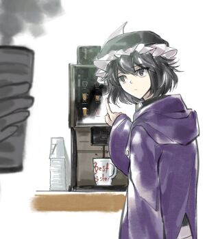 1other androgynous black_eyes black_hair black_hat black_shirt chinese_commentary closed_mouth coattails coffee coffee_maker coffee_mug collared_shirt commentary cowboy_shot cup disposable_cup dot_nose english_commentary expressionless frilled_headwear hair_between_eyes hat highres hood hood_down hooded_jacket jacket len&#039;en light_frown long_sleeves looking_at_object looking_back mixed-language_commentary mob_cap mug multilingual_commentary open_clothes open_jacket other_focus purple_jacket shirt shitodo_kuroji short_hair shorts simple_background sleeves_past_wrists smoke solo standing table triangular_headpiece white_background white_shorts wide_sleeves yancao_(pixiv_103434280)