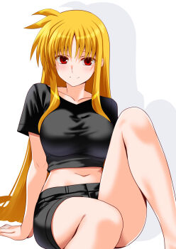 1girl black_shirt black_shorts blonde_hair breasts collarbone commentary drop_shadow engo_(aquawatery) fate_testarossa hashtag-only_commentary highres large_breasts long_hair looking_at_viewer lyrical_nanoha mahou_shoujo_lyrical_nanoha_strikers midriff navel red_eyes shirt shorts sidelighting simple_background sitting smile solo thighs variant_set very_long_hair white_background
