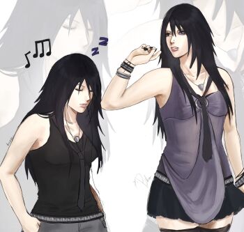 alternate_costume alternate_hairstyle amy_lee amy_lee_(cosplay) amy_lee_(evanescence) arm_up artist_name beamed_thirty-second_notes belt black_eyes black_hair black_nails black_necktie black_skirt black_tank_top black_thighhighs bleeehrghw bracelet breasts closed_eyes closed_mouth colored_sclera commentary cosplay cowboy_shot earbuds earphones eighth_note english_commentary evanescence eyebrow_piercing eyelashes eyeshadow face_piercing genderswap genderswap_(mtf) grey_pants hair_over_breasts hands_in_pockets hashtag-only_commentary highres ibispaint_(medium) jewelry lip_piercing long_hair looking_to_the_side makeup medium_breasts mismatched_sclera multiple_bracelets musical_note naruto_(series) necklace necktie o-ring o-ring_top pants parted_lips photo-referenced piercing purple_sclera purple_tank_top rinnegan silver_bracelet skirt smokey_eyeshadow studded_belt studded_bracelet tank_top teeth thighhighs uchiha_sasuke white_background y2k_fashion zoom_layer zzz