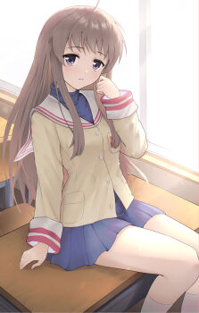 Rule 34 | 1girl, ahoge, blue eyes, blue skirt, brown hair, brown jacket, chair, clannad, commentary, desk, english commentary, glazearty, highres, hikarizaka private high school uniform, indoors, jacket, light blush, light smile, long hair, long sleeves, looking at viewer, miyazawa yukine, on desk, sailor collar, school chair, school desk, school uniform, sidelocks, sitting, skirt, solo, turtleneck, white sailor collar, window