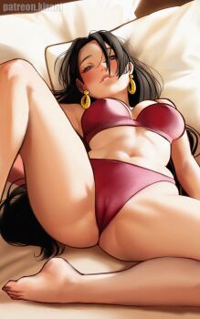 1girl absurdres barefoot black_hair blush boa_hancock bra breasts brown_eyes cameltoe commentary earrings english_commentary feet forehead grin highres jewelry kirani large_breasts long_hair looking_at_viewer lying navel nostrils on_back one_piece panties patreon_username pillow red_bra red_panties smile snake_earrings solo spread_legs teeth thighs toes underwear