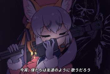 1girl animal_ears blazer camera closed_eyes darkness extra_ears fox_ears fox_girl ghost gloves grey_hair hat island_fox_(kemono_friends) jacket kemono_friends kemono_friends_v_project kitsunetsuki_itsuki long_hair microphone multicolored_hair necktie orange_hair parody phasmophobia ribbon shirt simple_background translation_request twintails two-tone_hair upper_body virtual_youtuber walkie-talkie