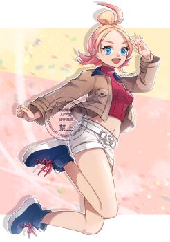 Rule 34 | 1girl, blonde hair, blue eyes, breasts, brown jacket, commentary request, cropped shirt, gradient hair, hair bun, jacket, long sleeves, looking at viewer, medium breasts, mega ring, midriff, multicolored hair, navel, nintendo, open clothes, open jacket, open mouth, pink hair, pokemon, pokemon legends: z-a, red shirt, red sweater, ribbed shirt, shirt, shoes, shorts, smile, solo, sweater, taunie (pokemon), teeth, turtleneck, turtleneck shirt, upper teeth only, white shorts, yomogi (black-elf)