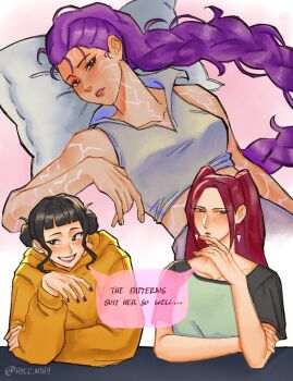 3girls black_hair black_nails braid braided_ponytail crop_top double_bun grin hair_bun hood hoodie hycc_nth4 imagining kpop_demon_hunters mira_(kpop_demon_hunters) multiple_girls pillow pink_hair purple_hair rumi_(kpop_demon_hunters) smile yellow_hoodie yuri zoey_(kpop_demon_hunters)