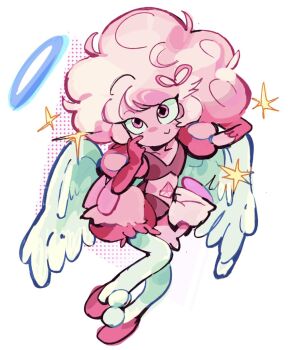 1girl angel angel_wings arm_behind_head bloomers blue_halo collarbone colored_skin commentary crop_top deformed diamond-shaped_pupils diamond_(shape) elbow_gloves english_commentary feathered_wings flats gem_(steven_universe) gloves hair_ribbon halftone halftone_background halo hand_on_own_cheek hand_on_own_face highres looking_up midriff pantyhose pink_bloomers pink_diamond_(steven_universe) pink_eyes pink_gloves pink_hair pink_shoes pom_pom_(clothes) puffy_hair puffy_sleeves ribbon shoes short_hair simple_background smile solo sparkle steven_universe stomach_jewel sunnyirry symbol-shaped_pupils underwear white_pantyhose white_wings wings