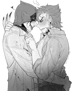 2boys anger_vein animification arm_hair beard belt blood blood_on_clothes blood_on_face bloody_weapon blush claw_(weapon) clenched_teeth closed_eyes deadpool facial_hair hand_on_another&#039;s_waist hashtag-only_commentary heart highres hug k4nc_wolverine male_focus marvel mask mask_lift multiple_boys muscular muscular_male pants shirt short_hair sweatdrop teeth tongue tongue_out twitter_username weapon wolverine_(x-men) x-men yaoi