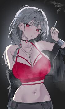 1girl absurdres black_choker black_jacket breasts chain chain_necklace choker cigarette cleavage commentary_request crop_top cropped_shirt cross_pendant double-parted_bangs grey_background grey_hair grey_pants hair_intakes hand_up heart heart_o-ring highres holding holding_cigarette jacket jacket_partially_removed jewelry korean_commentary large_breasts long_hair long_sleeves looking_at_viewer navel necklace o-ring o-ring_choker ohwayo pants parted_lips pigpotato project_[i] red_eyes red_shirt shirt sleeveless sleeveless_shirt smoke smoking solo spaghetti_strap standing stomach upper_body virtual_youtuber