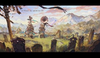 Rule 34 | 2girls, commentary request, fantasy, graveyard, holding, holding instrument, holding weapon, instrument, long hair, mage staff, meadow, mountain, multiple girls, original, scenery, staff, tombstone, weapon, white hair, yanyan (shinken gomi)