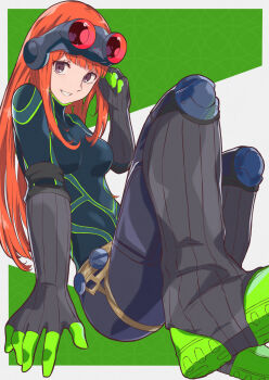 1girl black_bodysuit bodysuit breasts elbow_gloves feet_out_of_frame gloves goggles goggles_on_head green_bodysuit grin hand_up highres knee_pads looking_at_viewer multicolored_bodysuit oracle_(persona_5) orange_hair pekeponn persona persona_5 purple_eyes sakura_futaba sitting small_breasts smile solo teeth