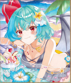 1girl absurdres alternate_costume apple apple_slice bat_wings bikini black_bikini blue_flower blue_hair blush bracelet breasts cherry cleavage closed_mouth cloud collarbone commentary_request flower flower_request food food_request fruit hair_flower hair_ornament highres ice ice_cube jewelry looking_at_viewer necklace pink_petals red_eyes red_nails remilia_scarlet ring ringo33757 shikishi smile solo strawberry swimsuit touhou traditional_media water wings