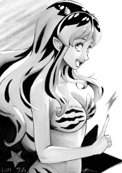 1girl absurdres animal_print bikini breasts character_name cleavage commentary cone_horns eightyfourart english_commentary greyscale highres horns index_finger_raised large_breasts long_hair lum monochrome open_mouth print_bikini smile solo standing swimsuit teeth tiger_print upper_teeth_only urusei_yatsura wavy_hair