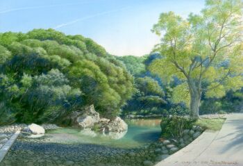 artist_name blue_sky contrail dated day lake no_humans original painting_(medium) path reflection reflective_liquid road rock rural scan signature sky third-party_source traditional_media tree yamamoto_nizo